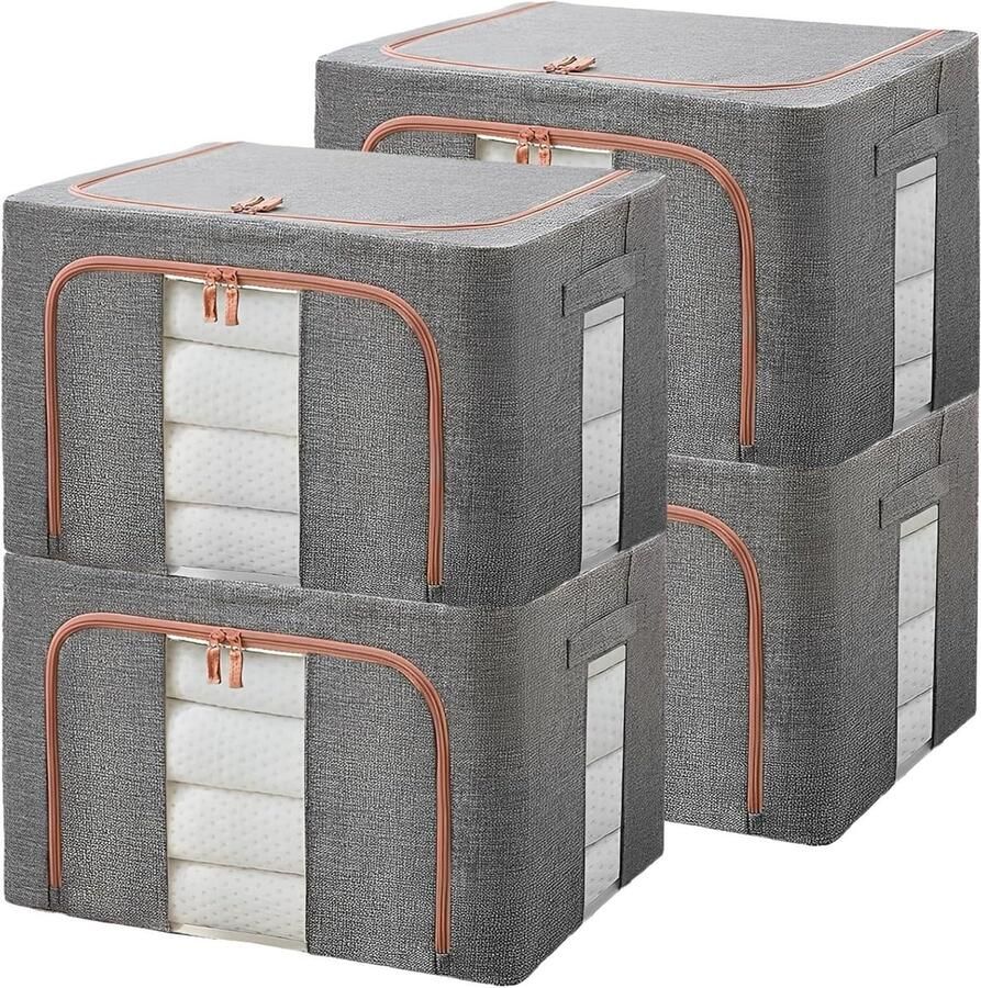 Brenzoos Kledingopbergdozen Set van 4 24 liter 40 x 30 x 20 cm Onderbedopslag Metalen Frame Dekenopbergers voor Kledingorganisatie