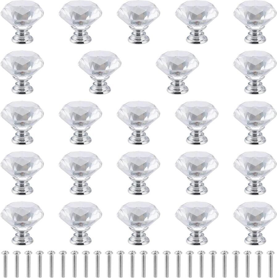 Allecto plus Kristallen deurgrepen Set van 24 30 mm Diamantdeurgreep Glazen ladegrepen met schroeven Kledingkast kast commode Meubels