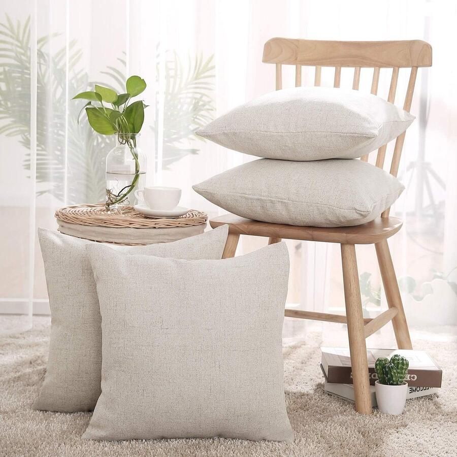 Allecto plus Kussenhoes met linneneffect 45 x 45 cm voor kinderen meisjes thuis woonkamer slaapkamer bed – beige 4 stuks