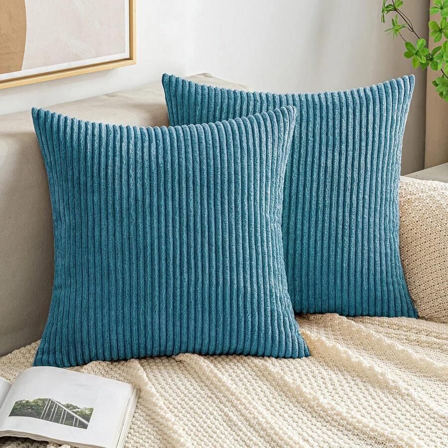 Brenzoos Kussensloop van ribfluweel voor sierkussens Decoratieve sofakussenhoes van corduroy voor bank of stoel Zacht en zeeblauw 45 x 45 cm Voor thuis of slaapkamer