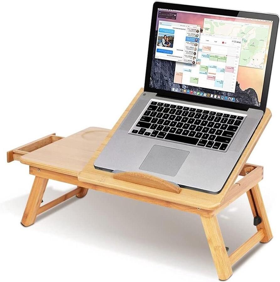 Brenzoos Laptoptafel van bamboe met verstelbaar tafelblad en lade Draagbaar computertafel Intrekbare tafelpoten Afmetingen 50 x 30 x 20 cm