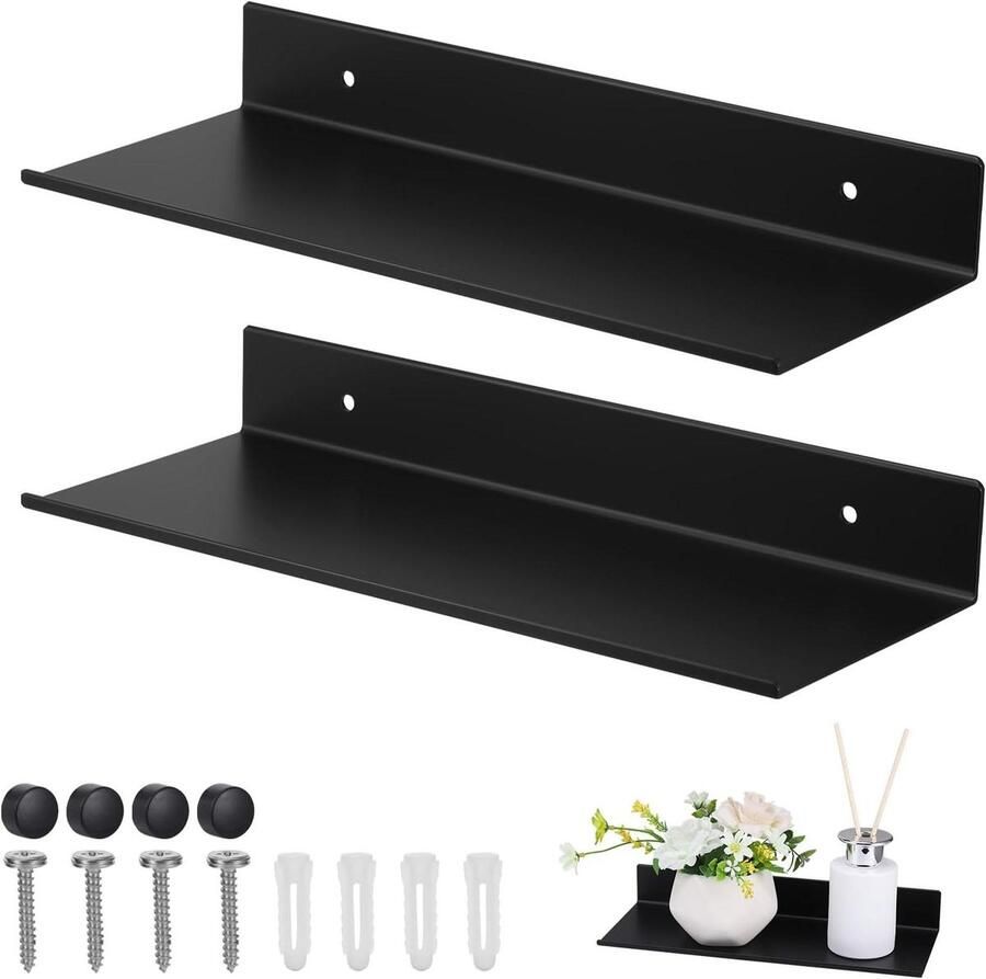 Brenzoos Metalen Zwevende Planken Set 30 cm Zwart Badkamerplank Roestvrij Wandplanken Doucheopslag Woonkamer Keuken Slaapkamer 2 Stuks