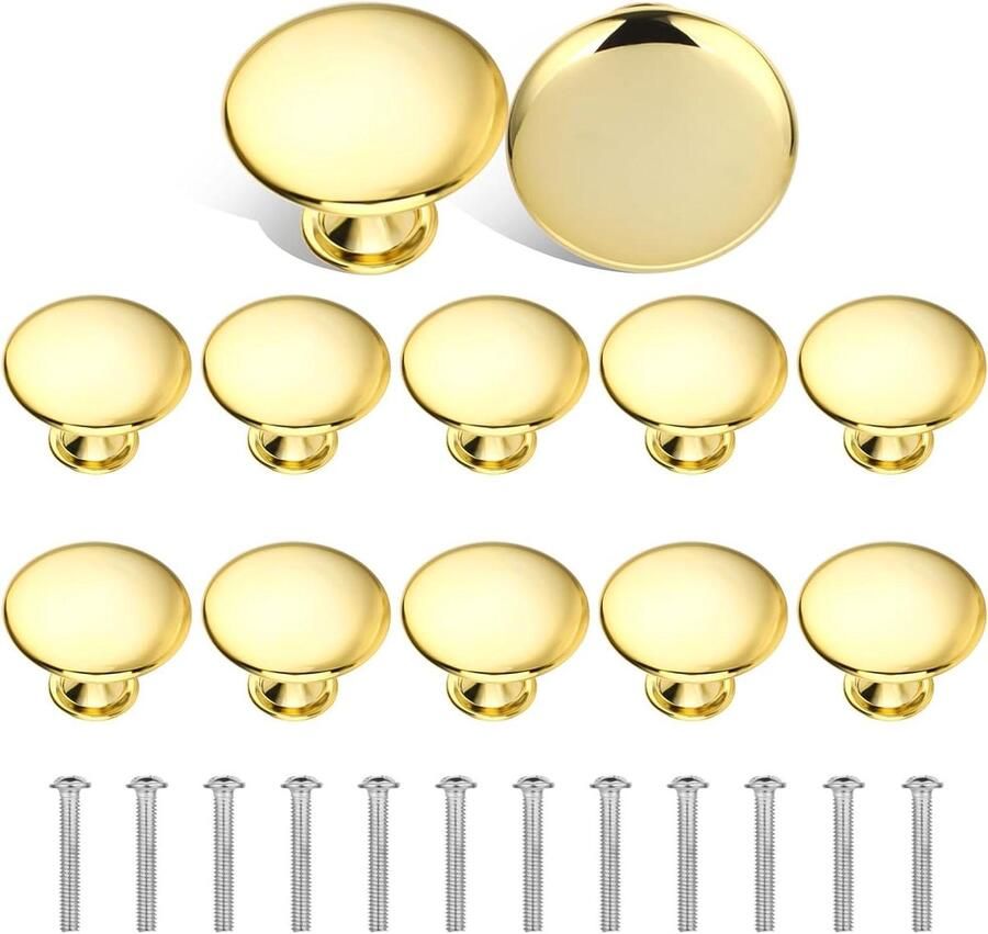 Allecto Plus Meubelknoppen 12 stuks met schroeven 30 mm Moderne vintage ronde ladegreep Ladeknoppen voor lade kast keukenkast kledingkast Goud
