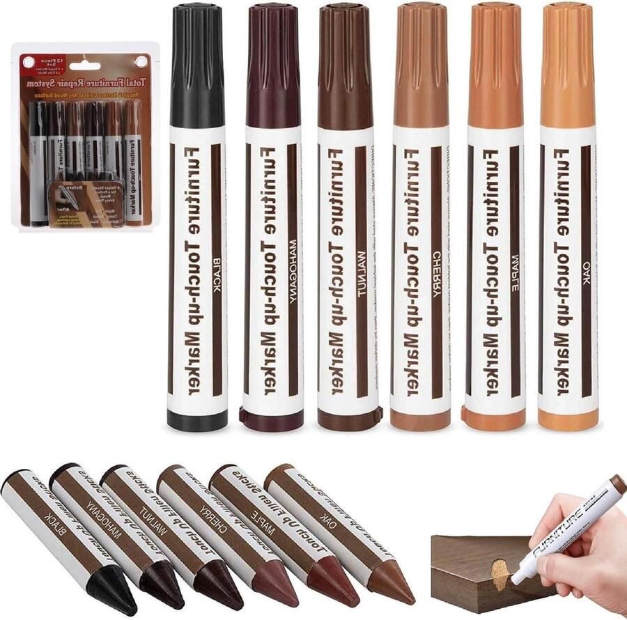 Allecto plus Meubelreparatieset reparatiemarkers en wasstokjes voor houten meubels Houtkrassen-reparatieset voor tafels en bureaus Set van 12 stuks