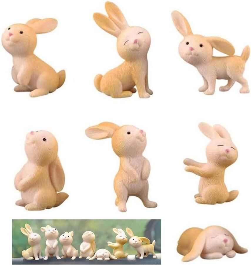 Brenzoos Paashaas konijntje miniatuur konijnfiguur decoratie voor bureau en miniatuurlandschap (7 stuks) met paashaasfiguren