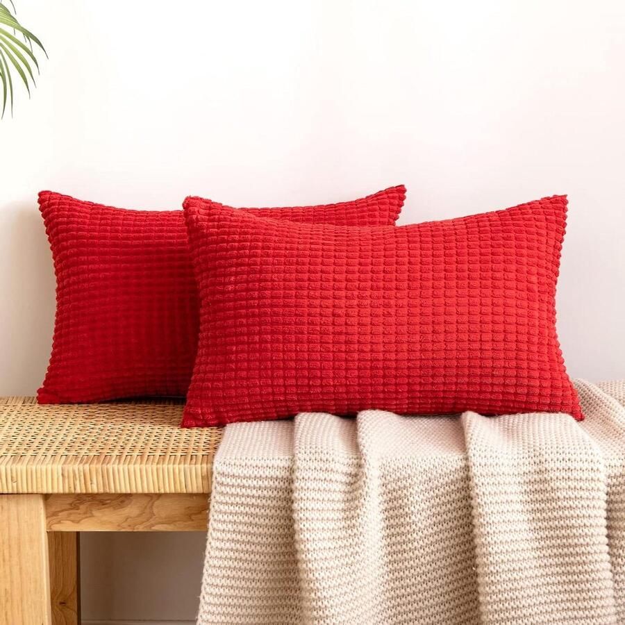 Brenzoos Ribfluwelen kussensloop met granulaat Decoratieve bankkussens Zachte kussenovertrek Sierkussen voor bank woonkamer Set van 2 stuks 30 x 50 cm Rood