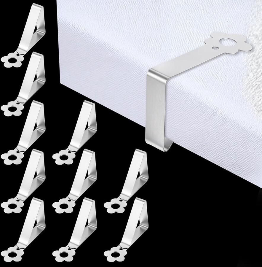 Allecto Plus Roestvrijstalen tafelkleedklemmen (10 stuks) voor buiten Tafelkleedhouders voor dikke tafels Tuin bruiloft picknick Zilverkleurig Geschikt voor tafels tot 3 cm Set van 10