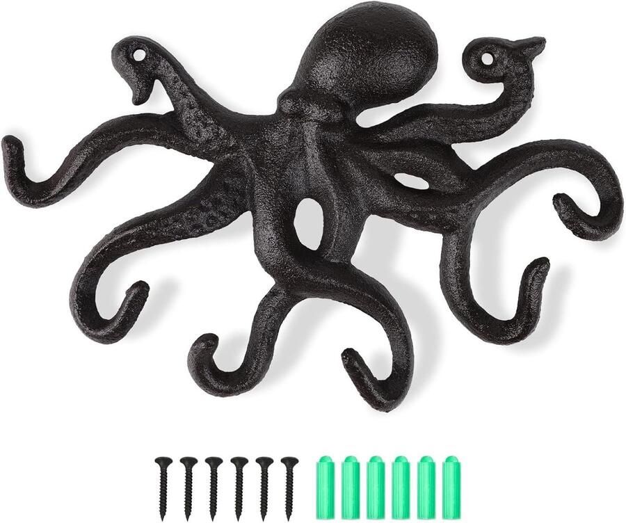 Allecto plus Rustieke gietijzeren kapstokhaken met schroeven voor kleding sleutels hoeden en tassen donkerbruin design Octopus motief ideaal voor thuisgebruik