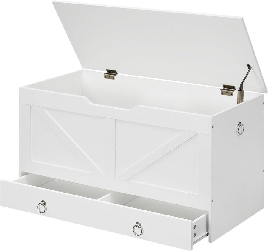 Brenzoos Schoenenbank en Opbergbank 100 cm Speelgoedkist met Lade Halbank van bewerkt hout Draagvermogen 100 kg Veiligheidsscharnier U-vormige Opening Eenvoudige Montage Wit Zoekwoorden: opbergen halmeubel kinderkamer