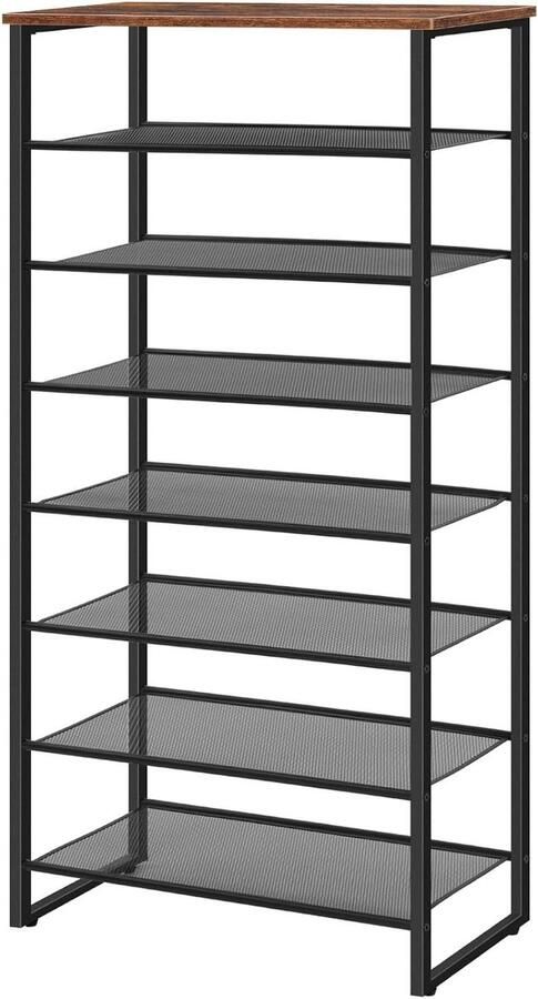 Allecto Plus Schoenenrek met 8 niveaus voor 21-28 paar schoenen Hoge schoenenplank Schoenenorganiser voor hal & woonkamer Afneembare metalen roosterplanken Smalle schoenenstandaard Industrieel rustiek bruin