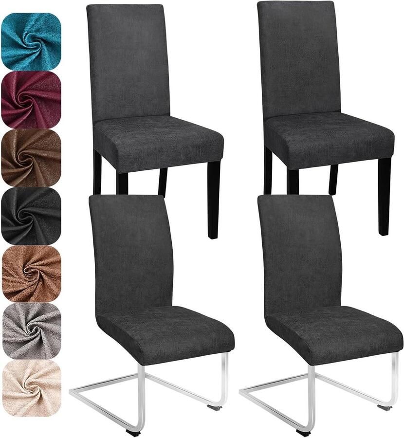 Allecto Plus Set van 4 of 6 Vintage PU Stoelhoezen Stretch Universeel Afneembaar en Wasbaar Zwart Voor Eetkamerstoelen Keuken Restaurant Hotel