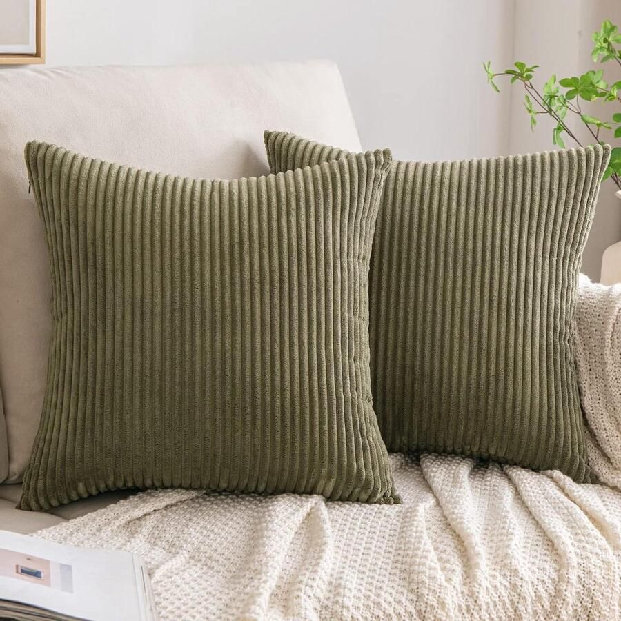 Brenzoos Set van 2 kussenslopen van corduroy vierkant gestreept zacht en decoratief 45 x 45 cm olijfgroen voor thuis en slaapkamer bank accessoires
