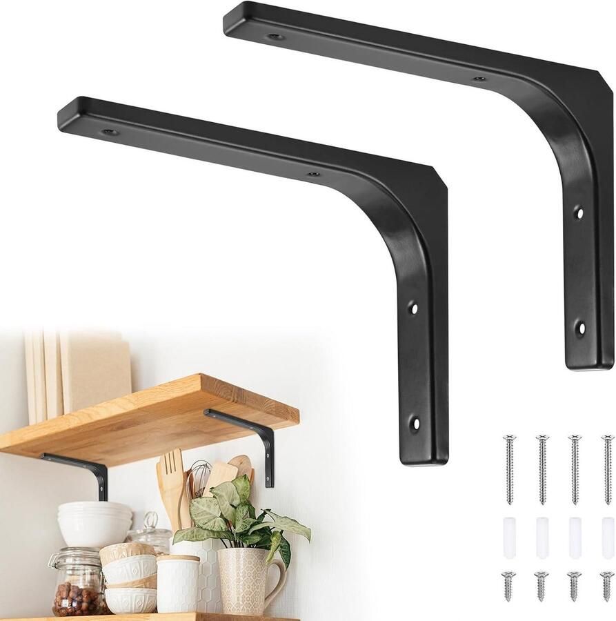 Brenzoos Set van 2 wandmontageplanken 200 x 150 mm in L-vormige hoek met schroeven Drijvende metalen houders voor zware belasting in zwart voor woonkamer en slaapkamer