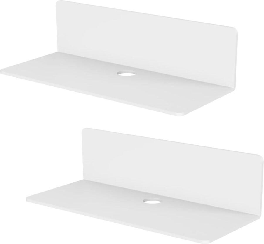 Allecto plus Set van 2 witte acryl zwevende wandplanken 23 x 95 cm Wandrek zonder boren Kabelclips Displayplank voor kantoor badkamer keuken Mini-rek voor slaapkamer Modern design Eenvoudige installatie