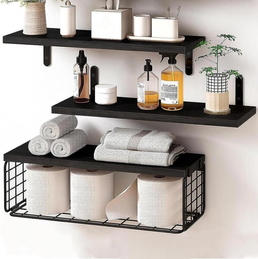 Brenzoos Set van 3 decoratieve wandplanken 40 cm zwart houten design met manden Wandplank voor kruidenrek Hangrek voor badkamer slaapkamer woonkamer en keuken