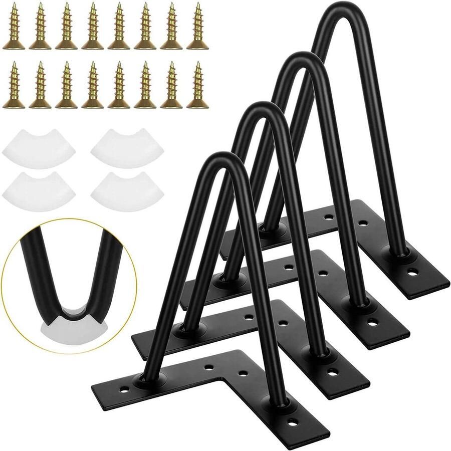 Allecto plus Set van 4 zwarte metalen tafelpoten 15 cm met haarspelden en schroeven Industriële meubelvoet voor salontafel en kast Rubberen vloerbeschermers Stijlvolle en stevige tafelpoten