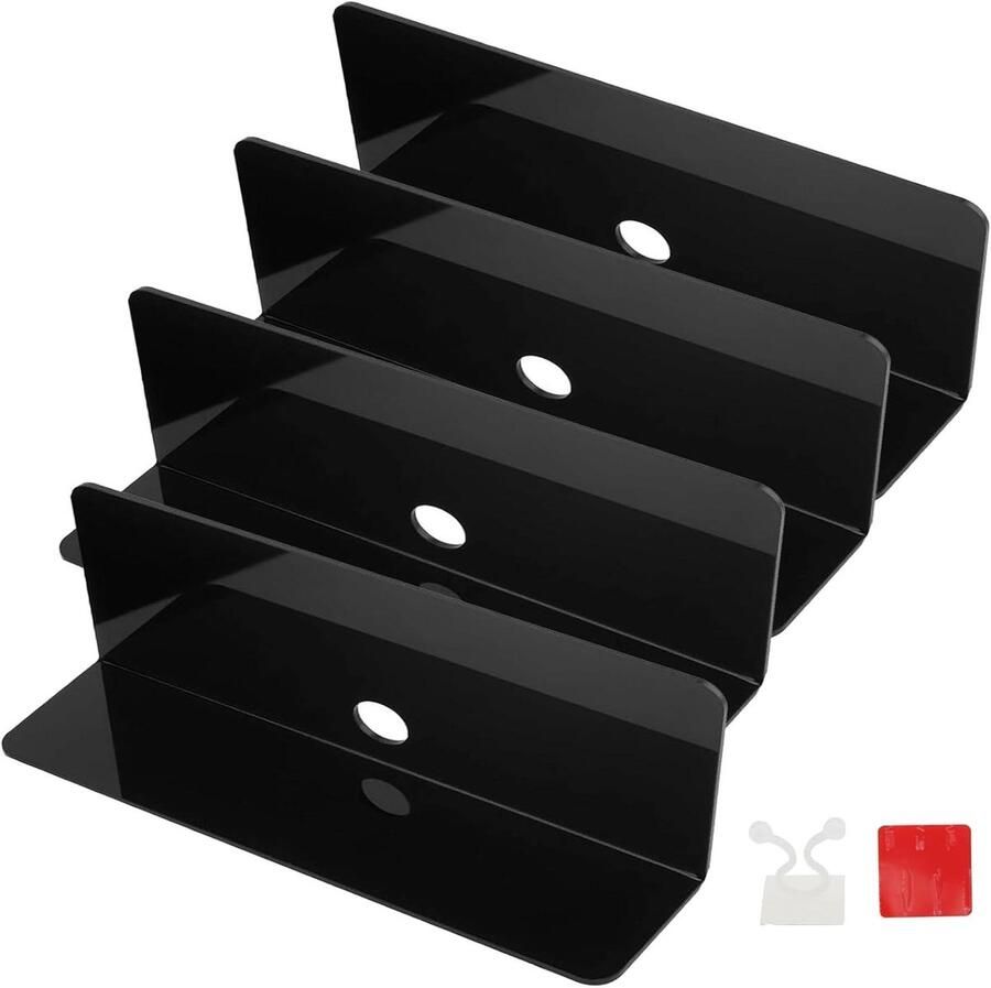 Brenzoos Set van 4 zwarte acryl zwevende wandplanken Zelfklevend en boorloos Met kabelclips Voor badkamer keuken woonkamer slaapkamer kantoor