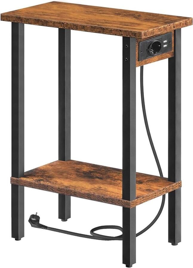 Brenzoos Slanke Bijzettafel Met Oplaadstation en Opbergruimte Vintage Bruin en Zwart Tafel