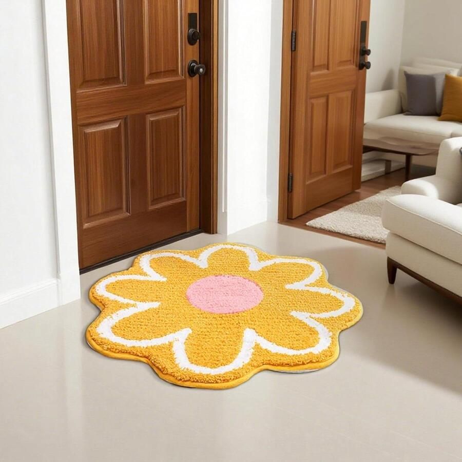 Allecto plus Zacht Vloerkleed voor Woonkamer en Badkamer Bloemen Patroon Absorberend en Wasbaar Antislip Geel 40 cm