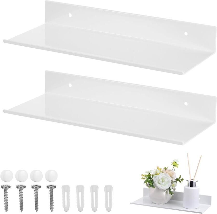 Brenzoos Voor wandmontage: Set van 2 metalen zwevende planken 30 cm wit Badkamerorganizer met roestvrije doucheopslag Wandplanken voor huis en keuken