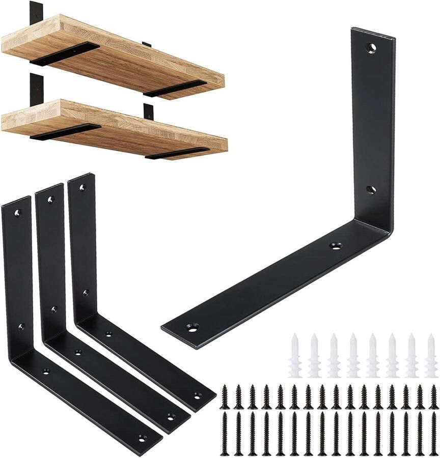 Allecto Plus Plankhouders Zwart 20 x 20 x 38 cm L-vormige Hoek Metaal Zware Belasting Woonkamer Slaapkamer Bibliotheek