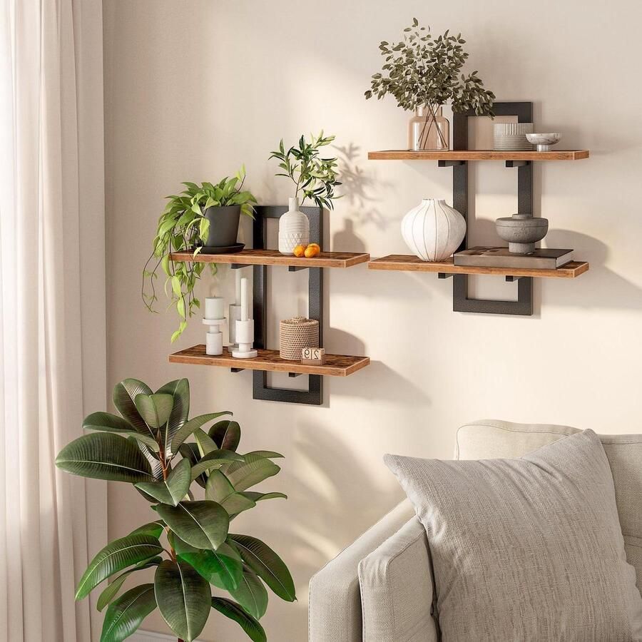 Brenzoos Zwevende Planken Wandplankenset van 2 met 2 Niveaus Opbergruimte en Wanddisplayrekken Hangende Badkamerplanken voor Keuken en Woonkamer Rustiek Bruin en Zwart