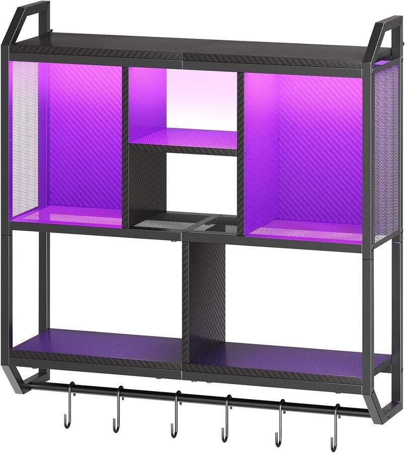 Brenzoos Zwevende wandplank met LED-verlichting en 4-laags verticale opbergruimte Inclusief 6 haken Zwart Ideaal voor speelkamer keuken café en bistro