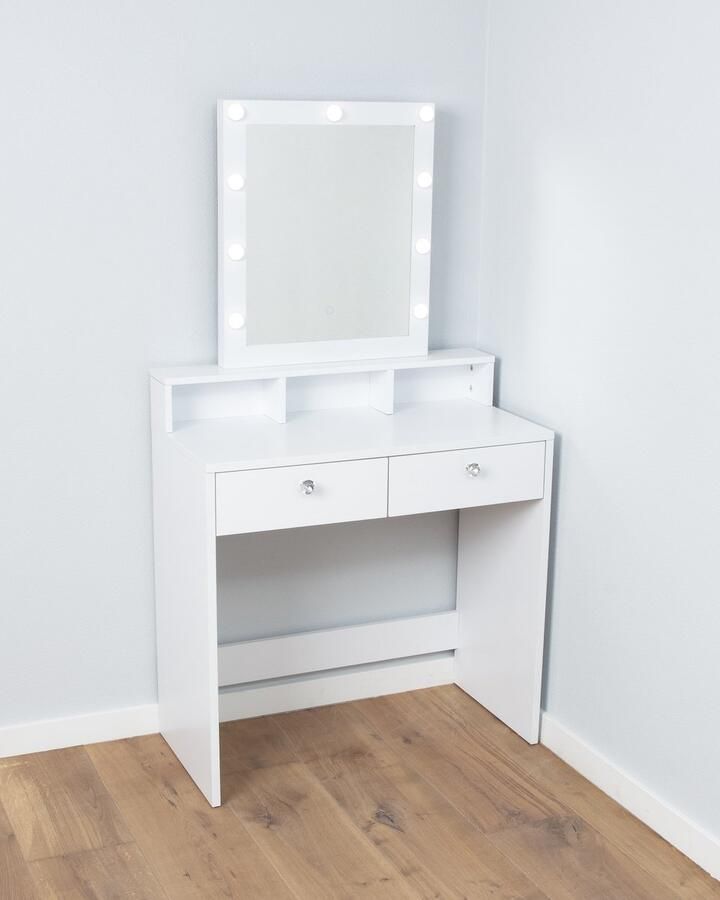 Bright Beauty Vanity Bright Beauty make-up tafel kaptafel make-up tafel met make-up spiegel met verlichting- 2 laden eenvoudige montage wit
