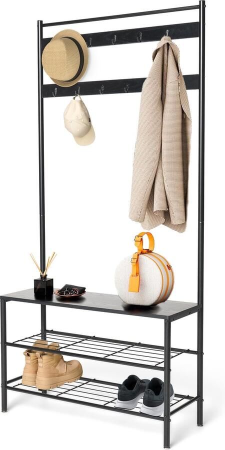 Brixy Kapstok Staande Kapstok Garderoberek Kapstok Met Schoenenrek Incl. Zitbank 85x32x175CM 11 Haken Zwart