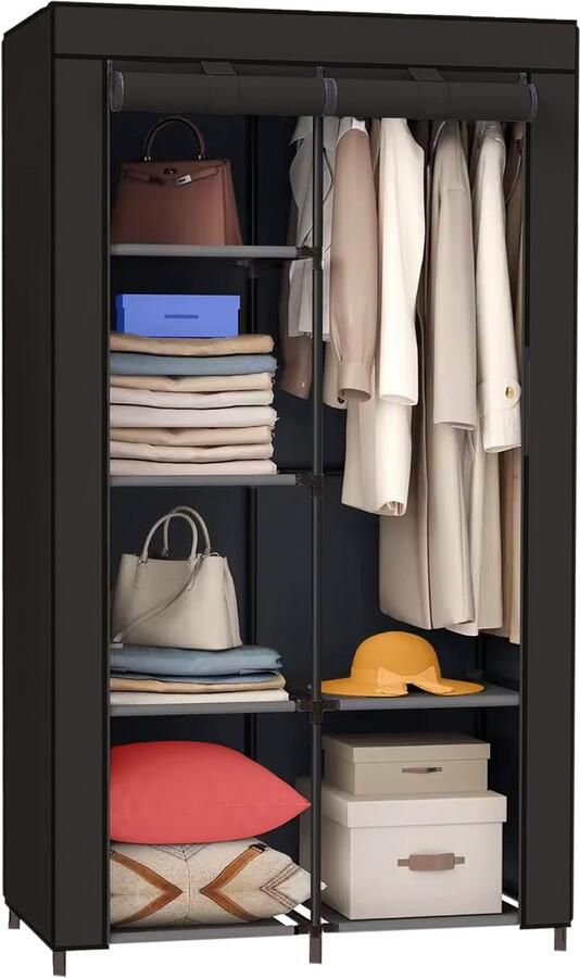 Brixy Kledingkast Garderobekast Kleerkast Opvouwbaar Stoffen Vouwkast Campingkast 88 x 45 x 168 cm Zwart