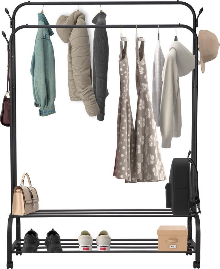 Brixy Kledingrek Dubbel Garderoberek Op Wieltjes Kledingrek Met Schoenenrek 163 x 110 x 35 cm Zwart