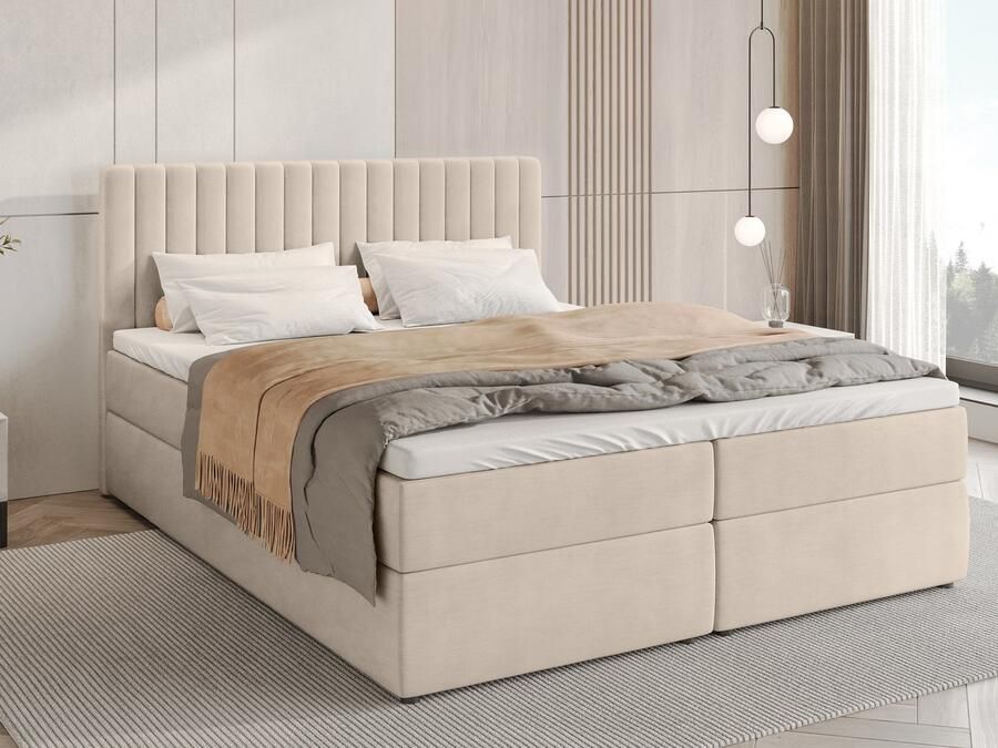 BROMARKT Boxspringbed met Opbergruimte DREAM 160 x 200 cm Beige Hardheidsgraad H3 Gestoffeerd Bed met Bonell Matras en Topper Tweepersoonsbed