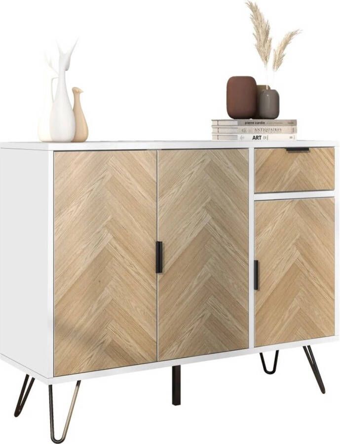 Brondeals dressoir kast vissengraat 90X72X30 wit met hout gestructureerd commode hoge kwaliteit opbergkast luxe design