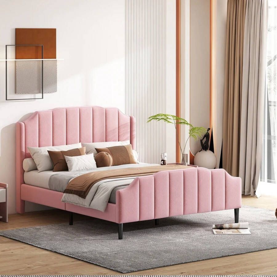 Brondeals gestoffeerd bed roze luxe uitstraling 216x150x116 cm uniek houten lattenbodem
