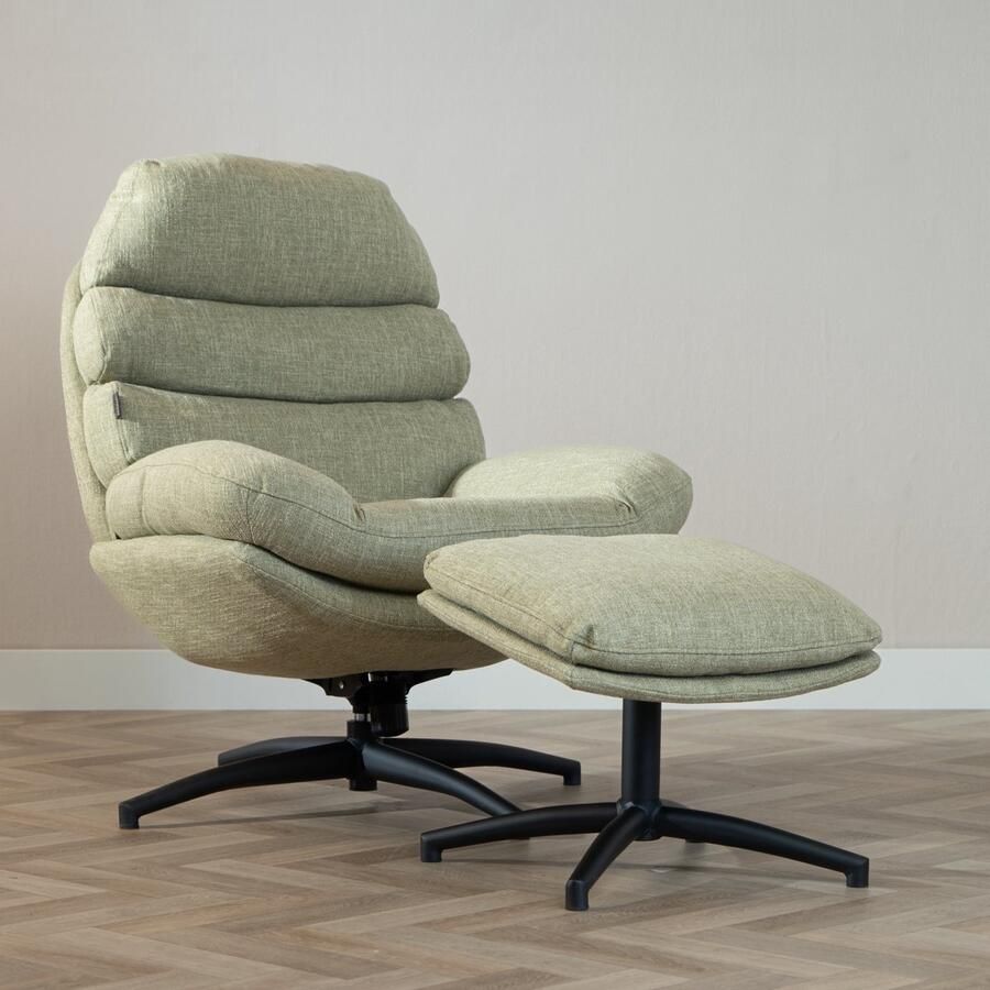 Bronx71 Draaifauteuil met hocker Palma linnen olijfgroen.