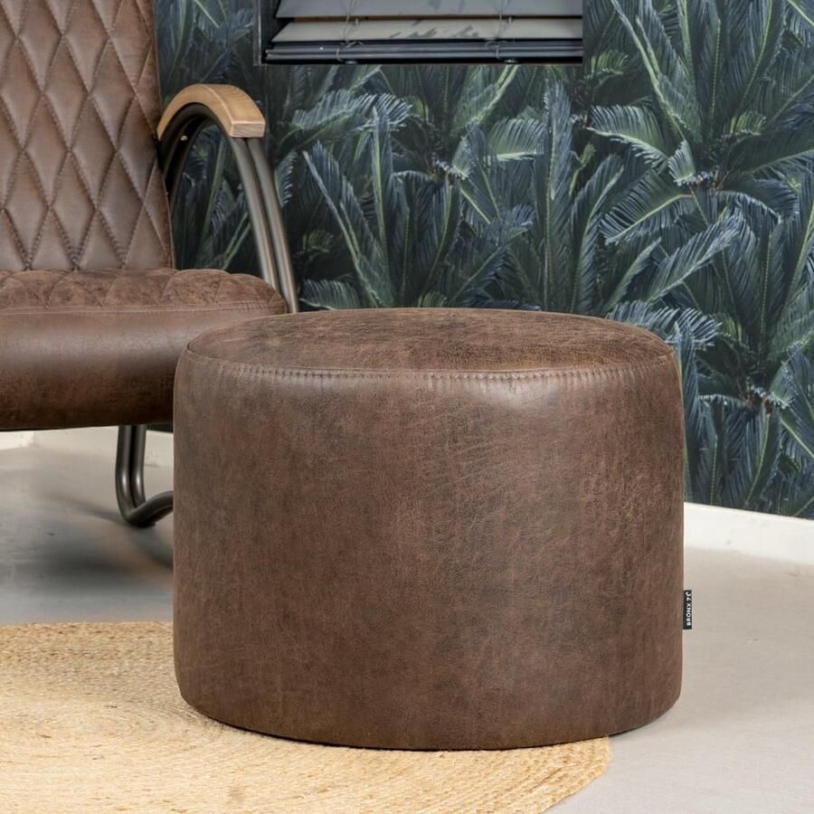 Bronx71 Eco-leer poef rond Kyla bruin Hocker leer Poef bruin leer Voetenbankje Bijzettafel Voetenbank - Foto 2