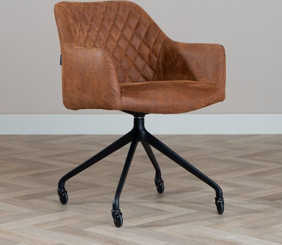 Bronx71 Eetkamerstoel leer Levi cognac Eetkamerstoelen met armleuning Eetkamerstoelen met wieltjes Kuipstoel Eetkamerstoel cognac Eetkamerstoel met armleuning - Foto 2