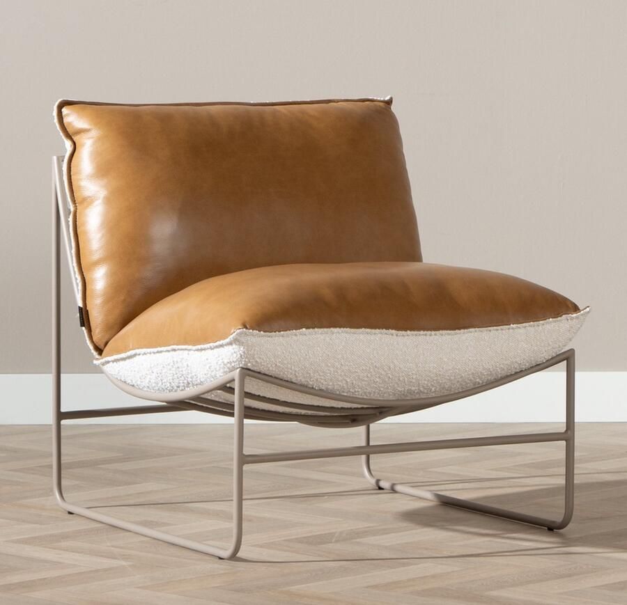 Bronx71 Fauteuil Maceo leer bouclé cognac beige.