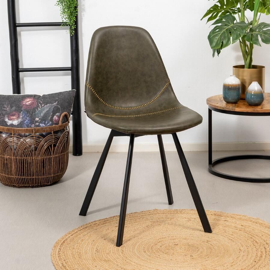 Bronx71 Industriële eetkamerstoel Logan olijfgroen eco-leer Eetkamerstoelen set van 4
