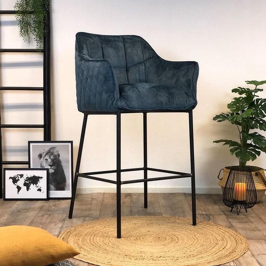Bronx71 Barkruk velvet blauw Jayron Zeer comfortabel Barkrukken met rugleuning Barstoelen met rugleuning Barkruk blauw