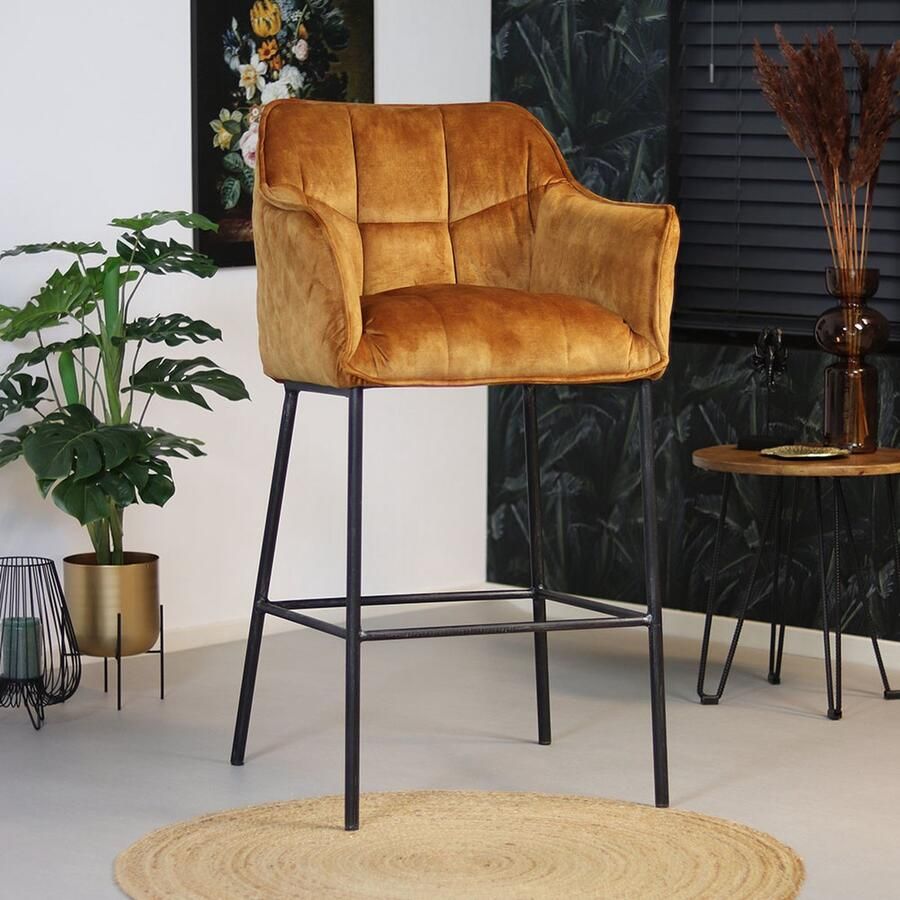 Bronx71 Barkruk velvet okergeel Jayron Zeer comfortabel Barkrukken met rugleuning Barstoelen met rugleuning Barkruk cognac Barkruk geel - Foto 2