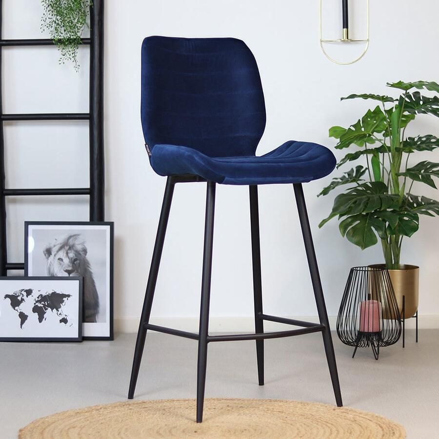 Bronx71 Barkruk velvet blauw Toby Zithoogte 71cm Barstoel Barkruk met rugleuning Barkruk blauw Velours Fluweel Waterafstotend - Foto 2