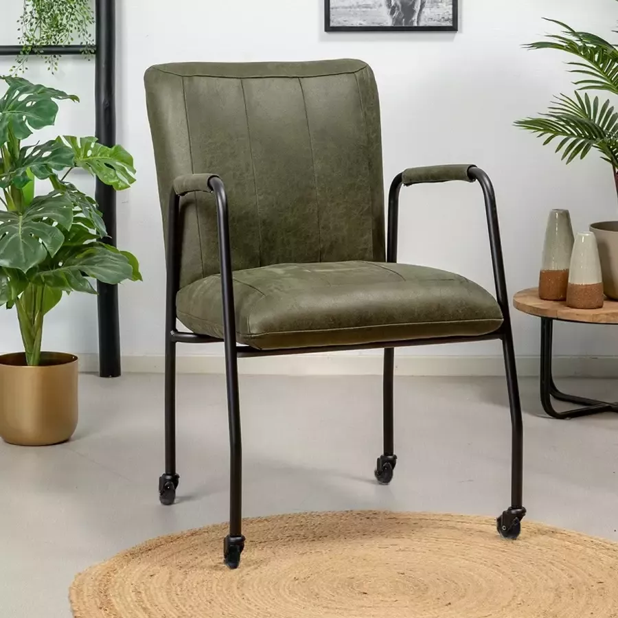 Bronx71 Eco-leer eetkamerstoel met wieltjes Mila olijfgroen Eetkamerstoelen met armleuning Eetkamerstoelen met wieltjes Eetkamerstoel groen Eetkamerstoel met armleuning - Foto 2