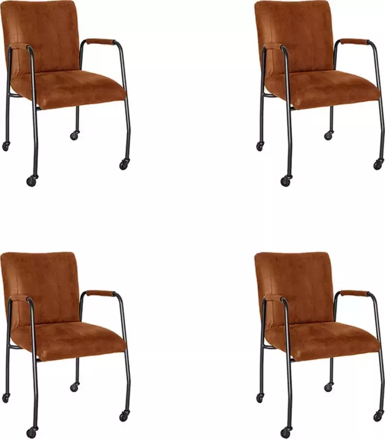 Bronx71 Eetkamerstoel met wieltjes Mila eco-leer cognac Eetkamerstoelen set van 4
