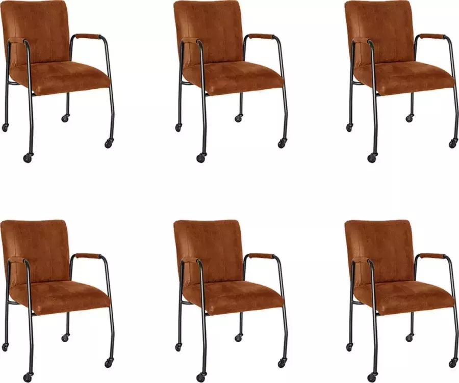 Bronx71 Eetkamerstoel met wieltjes Mila eco-leer cognac Eetkamerstoelen set van 6