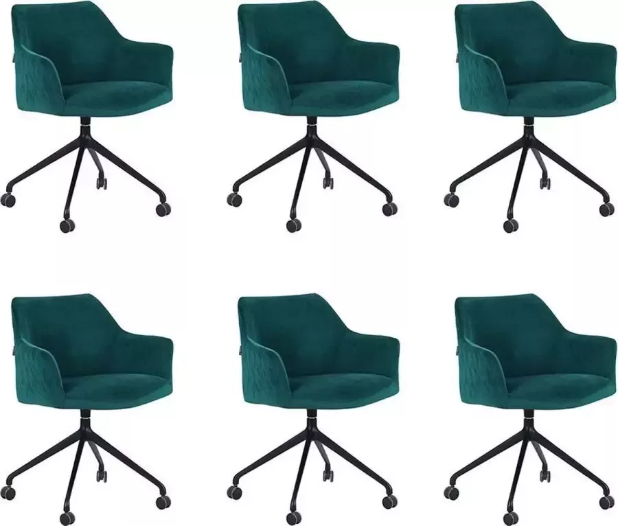 Bronx71 Eetkamerstoel met wieltjes Quinn donkergroen velvet Eetkamerstoelen set van 6 stoel