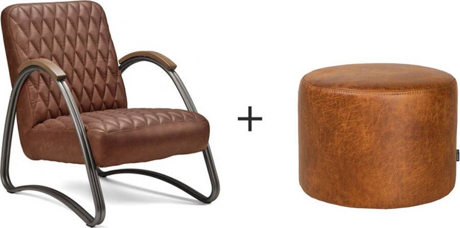 Bronx71 Industriële fauteuil Ivy en poef Kyla eco-leer cognac