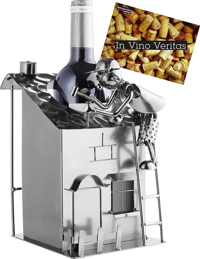 Brubaker Wijnflessenhouder huis met dakdekker- timmermann op dak flessenhouder decoratief metalen beeldje wijngeschenk flessenstandaard met wenskaart cadeau voor ambachtslieden Wijnrek