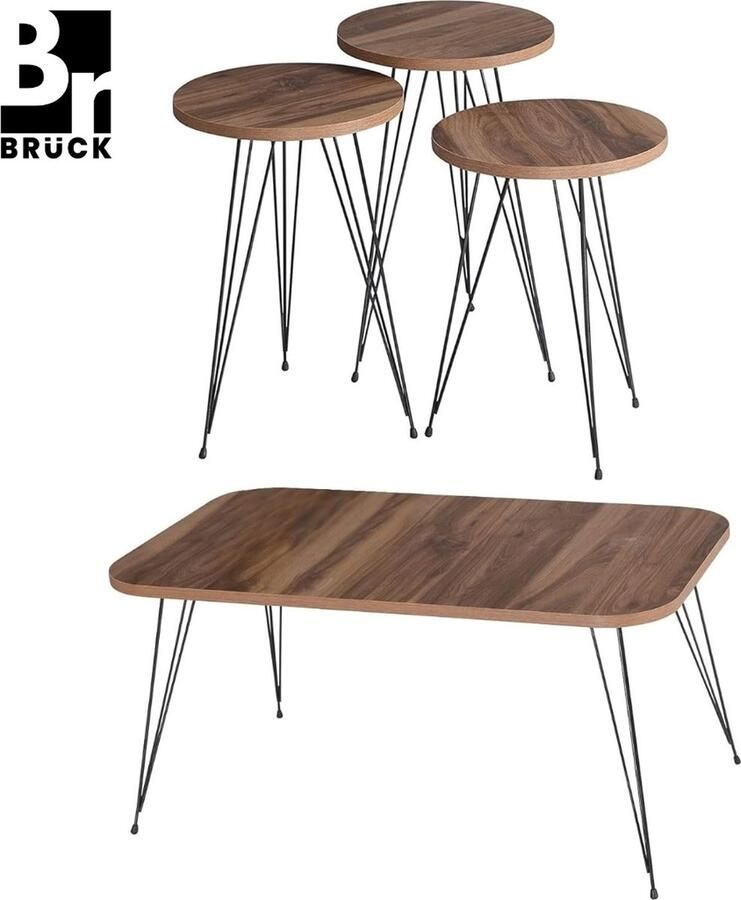 Bruck Brück Salontafel met 3 bijbehorende Bijzettafels Salontafel 4-Delig met Gepoedercoat Frame Bruin Hout
