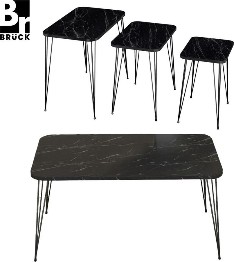 Bruck Brück Salontafel met 3 Bijzettafels van Gepoedercoat Metalen Frame Bijzettafel Rechthoekig in 4 Hoogtes Marmerlook Zwart